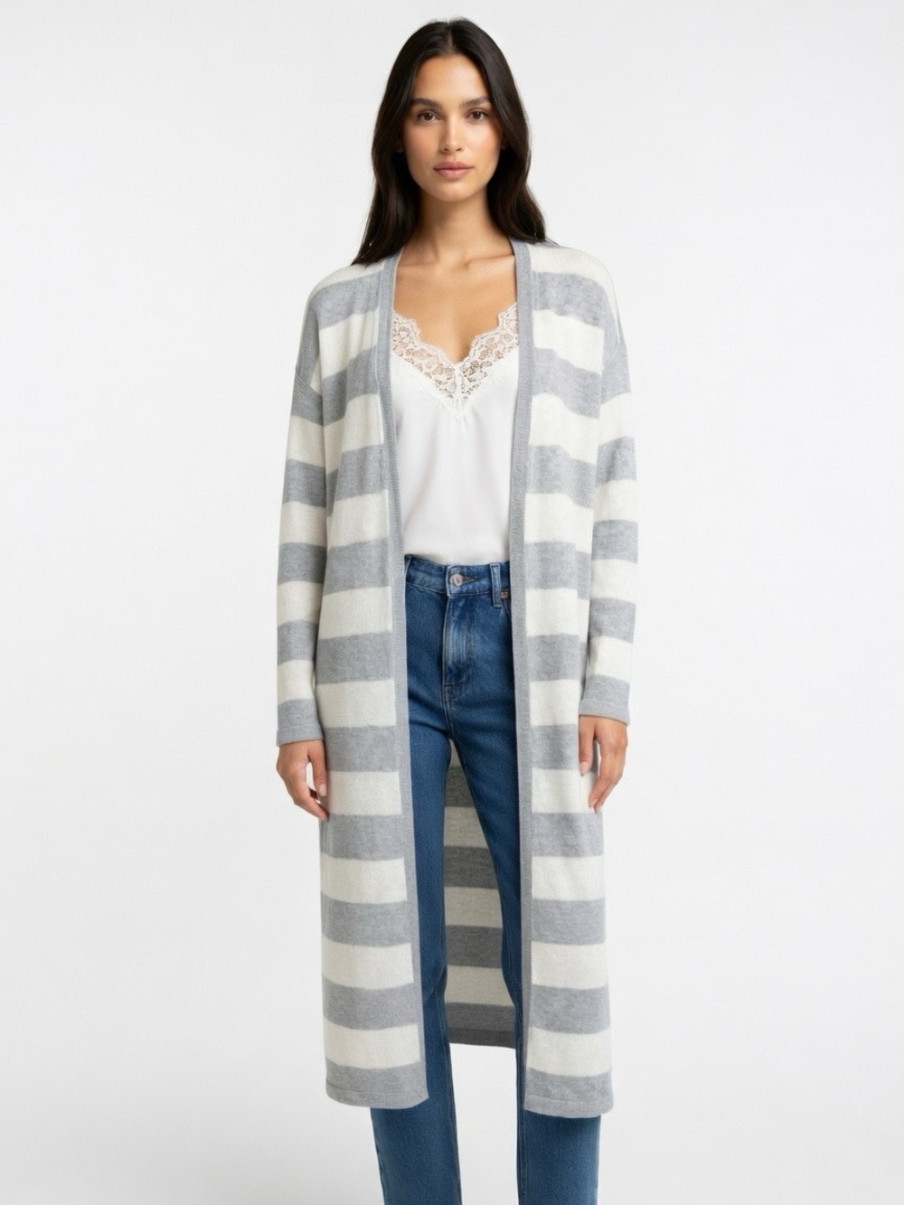 Cashmere Cotton Blend Grey & White Striped Open Front Duster Cardigan Sweater